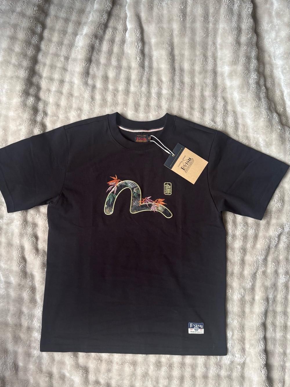Evisu Black Short-Sleeve Tee with Floral Seagull Logo